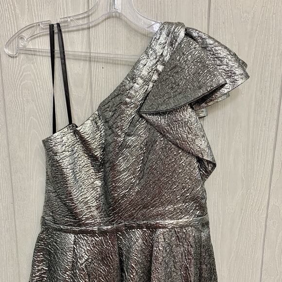 Mac Duggal Silver One Shoulder Bow Midi Dress 67906 Size 8 NWT - Picture 6 of 9